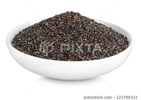 black quinoa in ceramic bowl isolated on white background 123766522