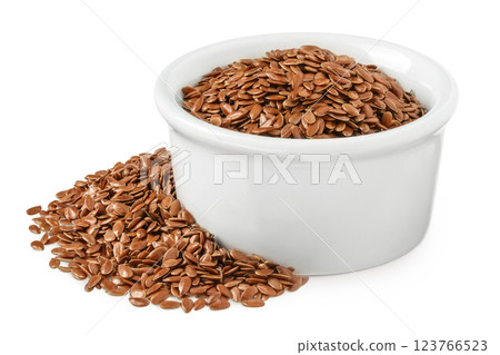 flaxseed in ceramic bowl isolated on white background. Top view. Flat lay 123766523