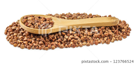 Raw buckwheat in wooden spoon isolated on white background 123766524
