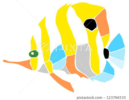 一幅可愛的彩色玻璃風格熱帶魚剪紙插圖,銅帶蝴蝶魚,沒有關節 一幅可愛的彩色玻璃風格熱帶魚剪紙插圖,銅帶蝴蝶魚,沒有關節 123766535
