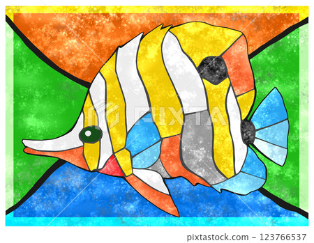 Colorful tiled cut-out illustration of tropical fish, Copperband Butterflyfish, with background 123766537
