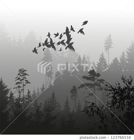 Mountain fog nature background with birds. hand drawing. Not AI Vector illustration 123766538