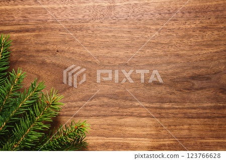 Texture of black walnut surface with spruce branch 123766628