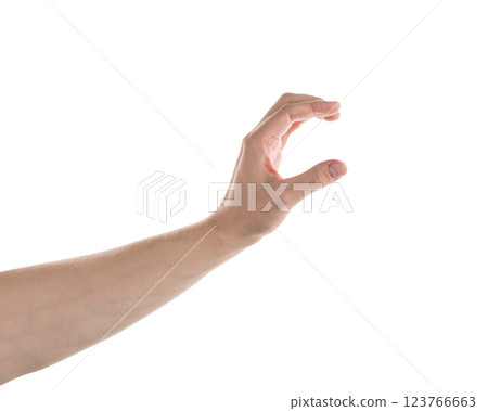 Young adult left man hand hold something isolated on white Young adult left man hand hold something isolated on white 123766663