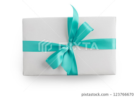 Top view of white paper present box with azure ribbon isolated on white background Top view of white paper present box with azure ribbon isolated on white background 123766670