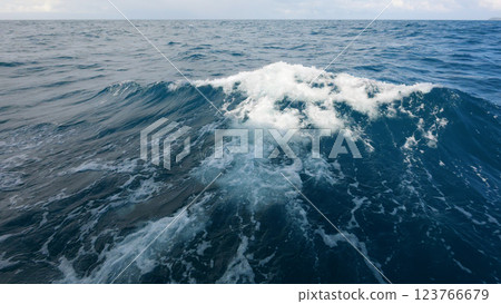 Side view from boat in Indian ocean sailing between Seychelles islands in daytime with big waves 123766679