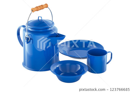 Enamelware Dining Set for Camping and Backpacking. 3D rendering 123766685