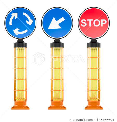 Plastic traffic pillars with road signs right side road, stop on signal, circle ahead. 3D rendering Plastic traffic pillars with road signs right side road, stop on signal, circle ahead. 3D rendering 123766694