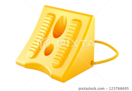 Plastic wheel chock with rope, yellow color. 3D rendering Plastic wheel chock with rope, yellow color. 3D rendering 123766695