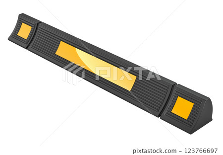 Rubberised Car Wheel Parking Stopper for Garage Floor with Reflective Yellow Tape Curb. 3D rendering Rubberised Car Wheel Parking Stopper for Garage Floor with Reflective Yellow Tape Curb. 3D rendering 123766697