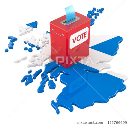 Scottish map with ballot box. Election in Scotland or referendum about exit and independence, concept. 3D rendering 123766699