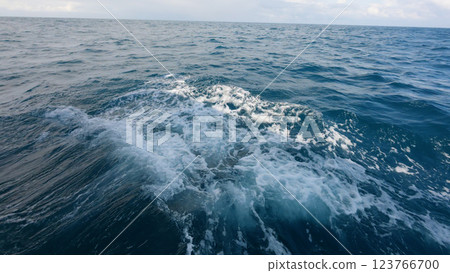 Side view from boat in Indian ocean sailing between Seychelles islands in daytime with big waves Side view from boat in Indian ocean sailing between Seychelles islands in daytime with big waves 123766700