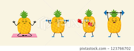 character meditate in yoga pose. Outdoor sports. fighting - boxing. Barbell, Dumbbells. 123766702