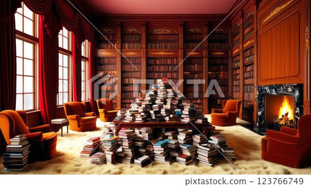 A library with books on the floor and a cozy fireplace 123766749