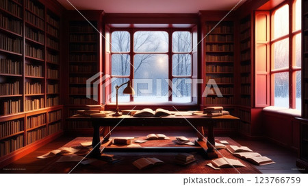 A library that features a desk, multiple shelves, and a large window 123766759