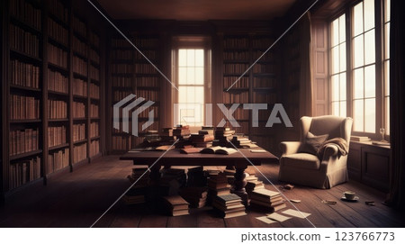 A library with tables, chairs, and many books on the shelves 123766773
