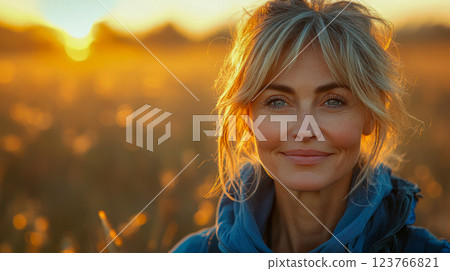 Elderly woman with gray hair and a scarf smiling warmly at sunset, bathed in golden light 123766821