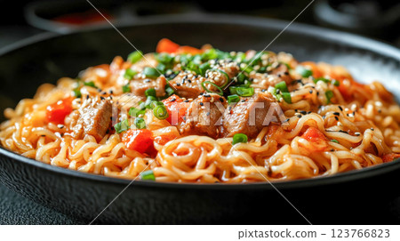 A steaming bowl of Asian-style noodles with tender beef chunks, fresh vegetables, and garnished with green onions and sesame seeds 123766823