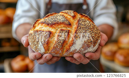 Close-up of a baker presenting a freshly baked artisan loaf with a golden crust and sesame seeds 123766825
