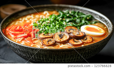 A bowl of hot ramen with fresh vegetables, mushrooms, and a soft-boiled egg, garnished with green onions and sesame seeds A bowl of hot ramen with fresh vegetables, mushrooms, and a soft-boiled egg, garnished with green onions and sesame seeds 123766828