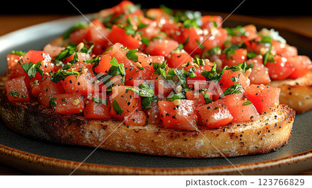 A close-up of bruschetta topped with diced tomatoes, fresh basil, and seasonings on toasted sourdough bread 123766829