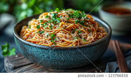 A bowl of soba noodles garnished with sesame seeds and fresh herbs, served in a rustic black bowl 123766838