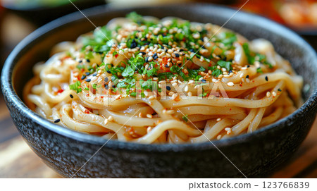 Close-up of udon noodles with black pepper, sesame seeds, and green onions in a dark ceramic bowl 123766839