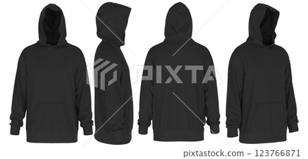 Men's Black Oversized Hoodie Mockup - Front, Side, Back View 3D Render 123766871