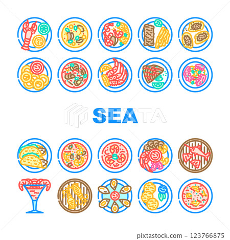 sea cuisine fish cook icons set vector 123766875