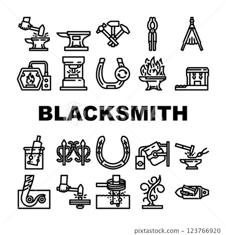 blacksmith forge anvil work icons set vector 123766920