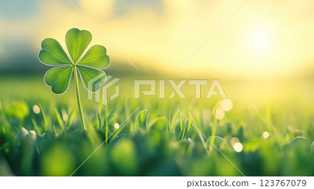 Shamrock growing in green grass field on sunny day, with copy space  123767079