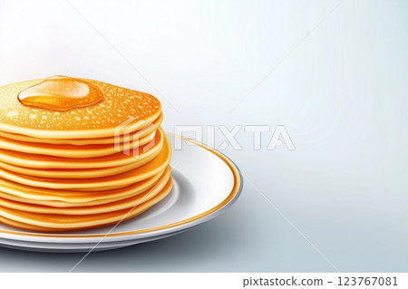 Stack of pancakes presented on white porcelain plate, topped with syrup or honey, with copy space  123767081