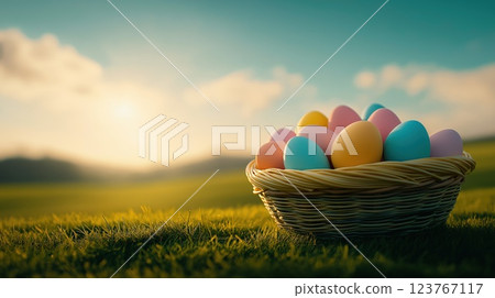Wicker basket filled with pastel colors easter eggs in sunny meadow, with copy space 123767117