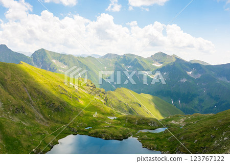 mountain landscape of romania in summer. carpathian range. beautiful outdoor scenery with alpine lake. scenic view in to the valley. travel background with blue sky and clouds. natural environment 123767122