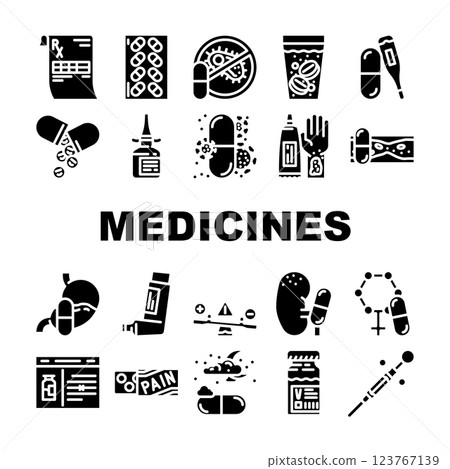 medicines pharmacy medical health icons set vector 123767139