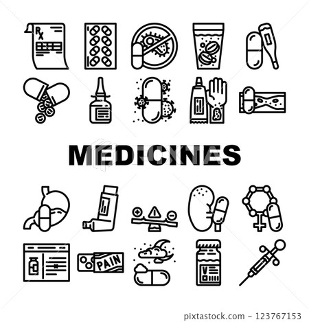 medicines pharmacy medical health icons set vector medicines pharmacy medical health icons set vector 123767153