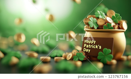 Golden pot with coins and shamrocks, St. Patricks day, copy space Golden pot with coins and shamrocks, St. Patricks day, copy space 123767156