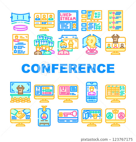 virtual conference event online icons set vector 123767175