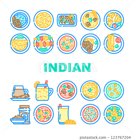 indian cuisine curry food chicken icons set vector 123767204