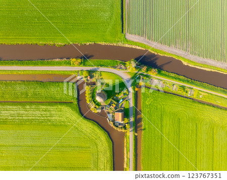 Drone view of the windmill. Landscape from a drone in the Netherlands.  123767351
