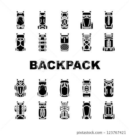 hiking backpack trail adventure icons set vector 123767421