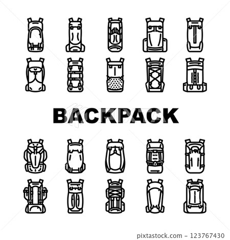 hiking backpack trail adventure icons set vector 123767430