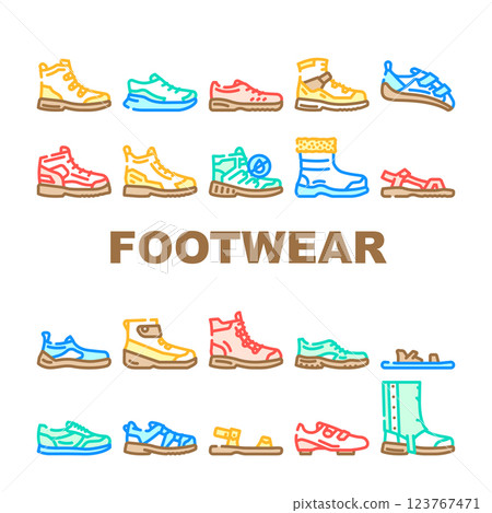 footwear tourism sandals boots icons set vector footwear tourism sandals boots icons set vector 123767471