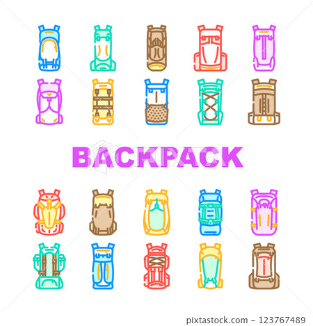 hiking backpack trail adventure icons set vector hiking backpack trail adventure icons set vector 123767489