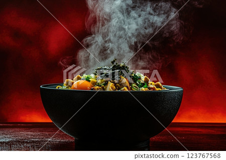 A steaming bowl of noodles is filled with fresh ingredients, including vegetables and an egg yolk. The vibrant colors contrast against a dramatic red backdrop, creating a captivating atmosphere. 123767568