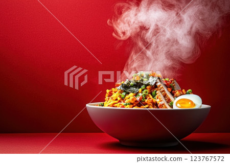 A vibrant bowl filled with steaming noodles is presented against a striking red background. 123767572