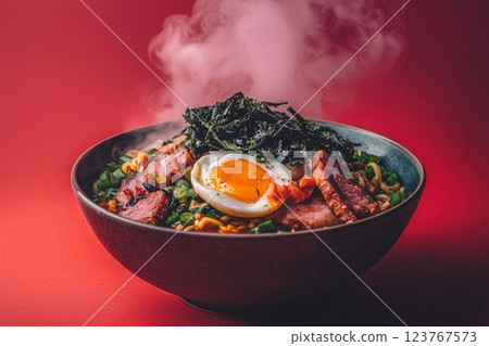 A steaming bowl of ramen sits on a surface with a bold red backdrop. Topped with slices of meat, a soft-boiled egg, and seaweed, this dish is an inviting feast perfect for any ramen lover. 123767573