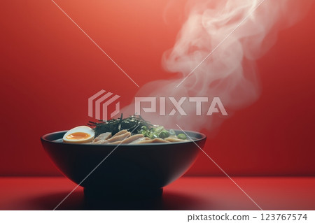 A steaming bowl of ramen features slices of meat, a soft-cooked egg, and seaweed on top. The vibrant red background enhances the cozy atmosphere surrounding the dish. 123767574