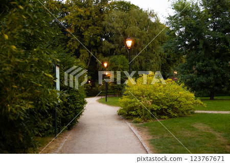 Winding park pathway with illuminated street lamps surrounded by lush greenery and trees at dusk. Evening park scenery and urban nature concept 123767671