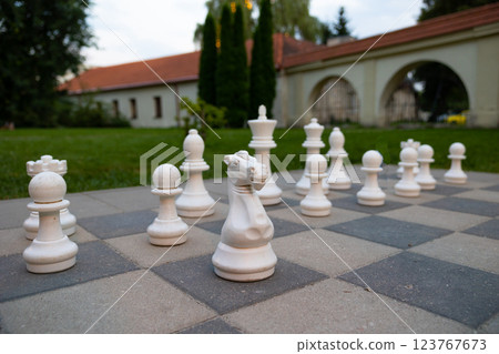Outdoor chessboard with large white chess pieces in a park setting. Strategic thinking and leisure activity concept Outdoor chessboard with large white chess pieces in a park setting. Strategic thinking and leisure activity concept 123767673